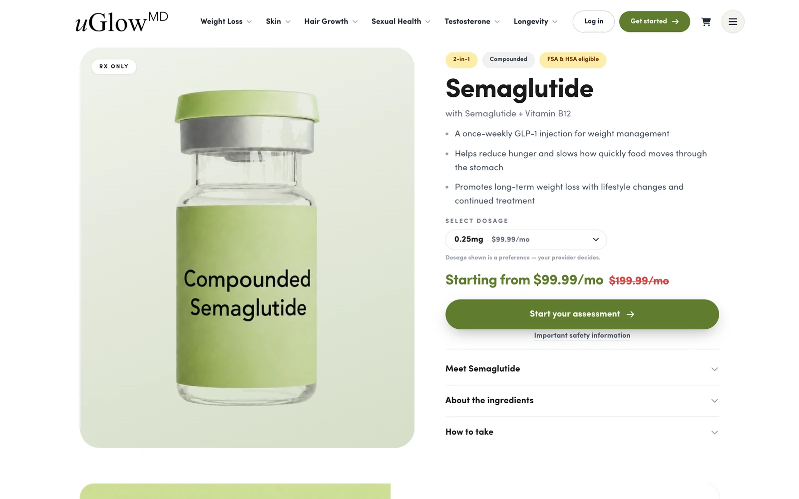 uGlowMD: Semaglutide product page · dosage dial, desktop screenshot