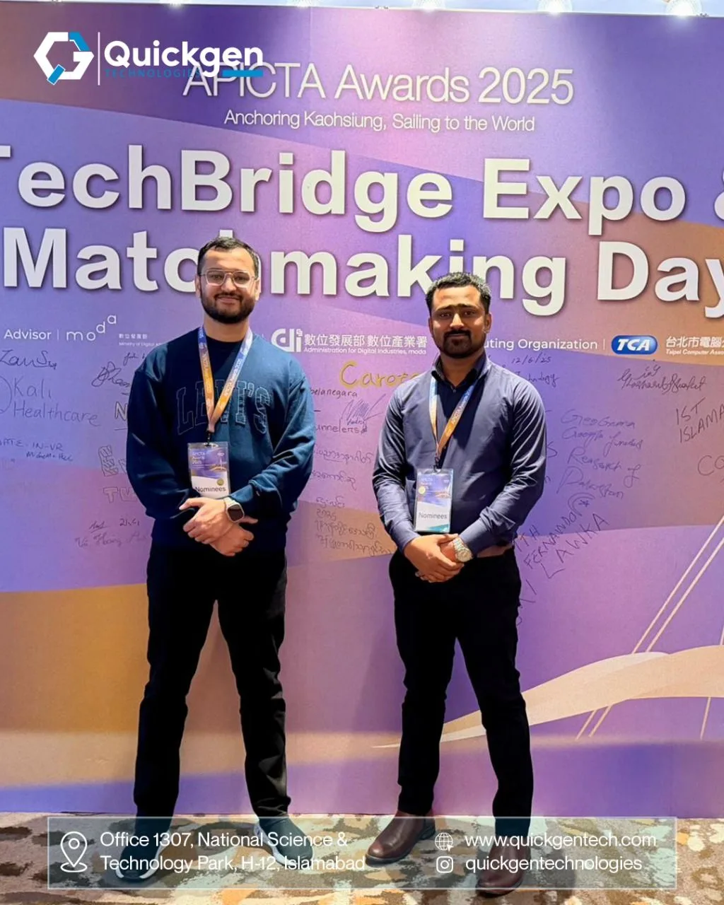 Qalab Hassnain Agha and a Quickgen colleague at the APICTA Awards 2025 TechBridge Expo and Matchmaking Day backdrop