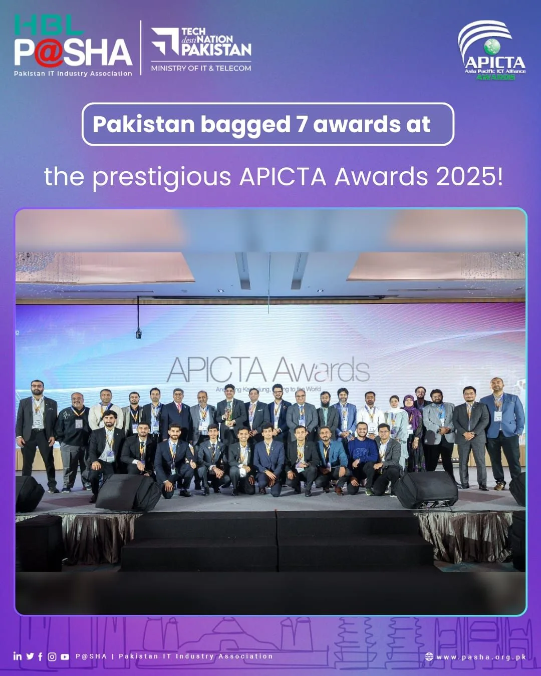 Pakistan’s delegation on stage at the APICTA Awards 2025, where Pakistan won 7 awards