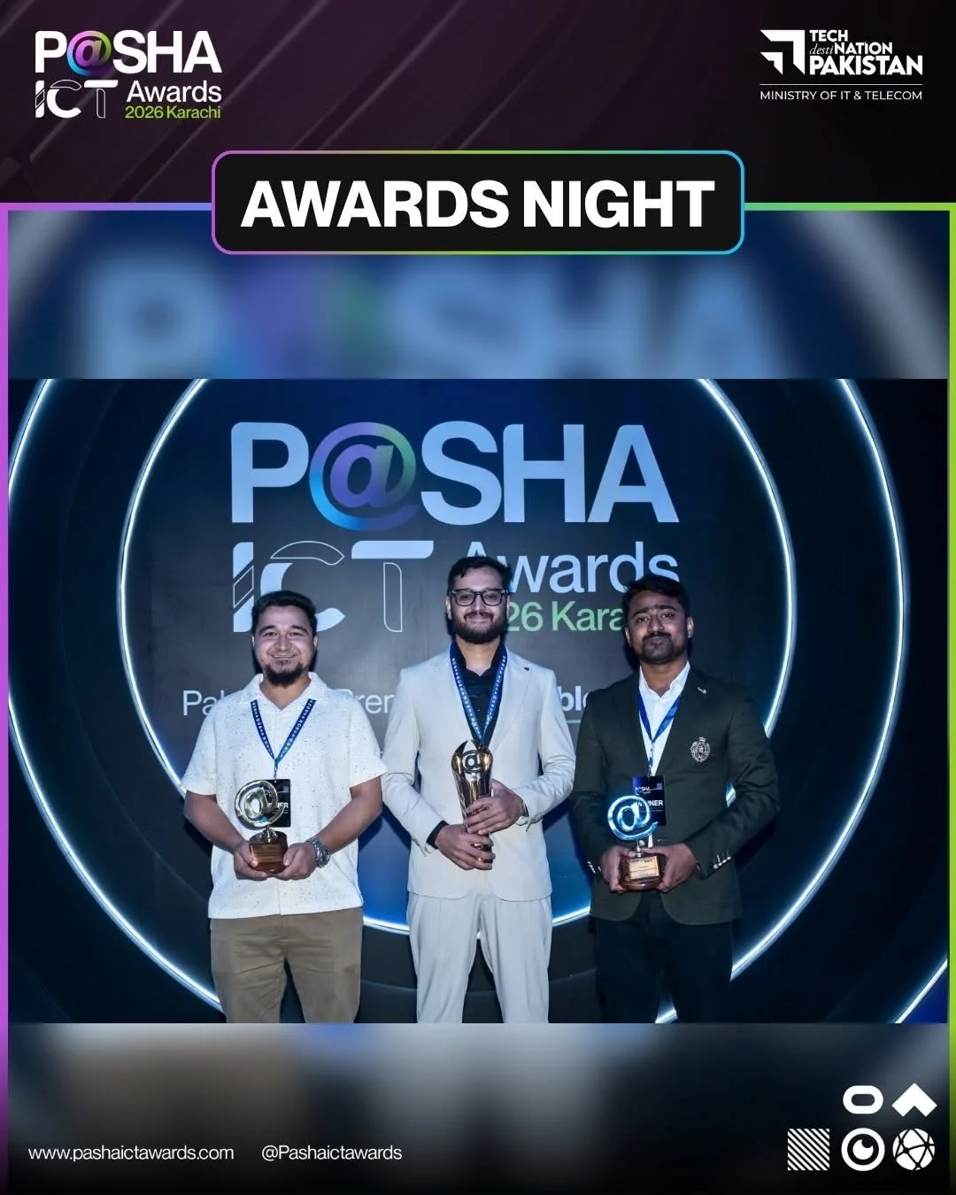 Winners holding trophies at the P@SHA ICT Awards 2026 awards night in Karachi
