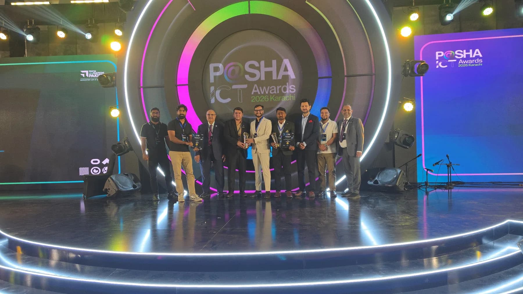 Award winners on stage at the P@SHA ICT Awards 2026 in Karachi