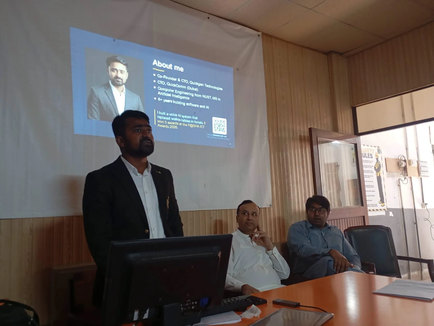Qalab Hassnain Agha speaking about artificial intelligence at the Govt. Woodworking Service Centre (TEVTA) Rawalpindi