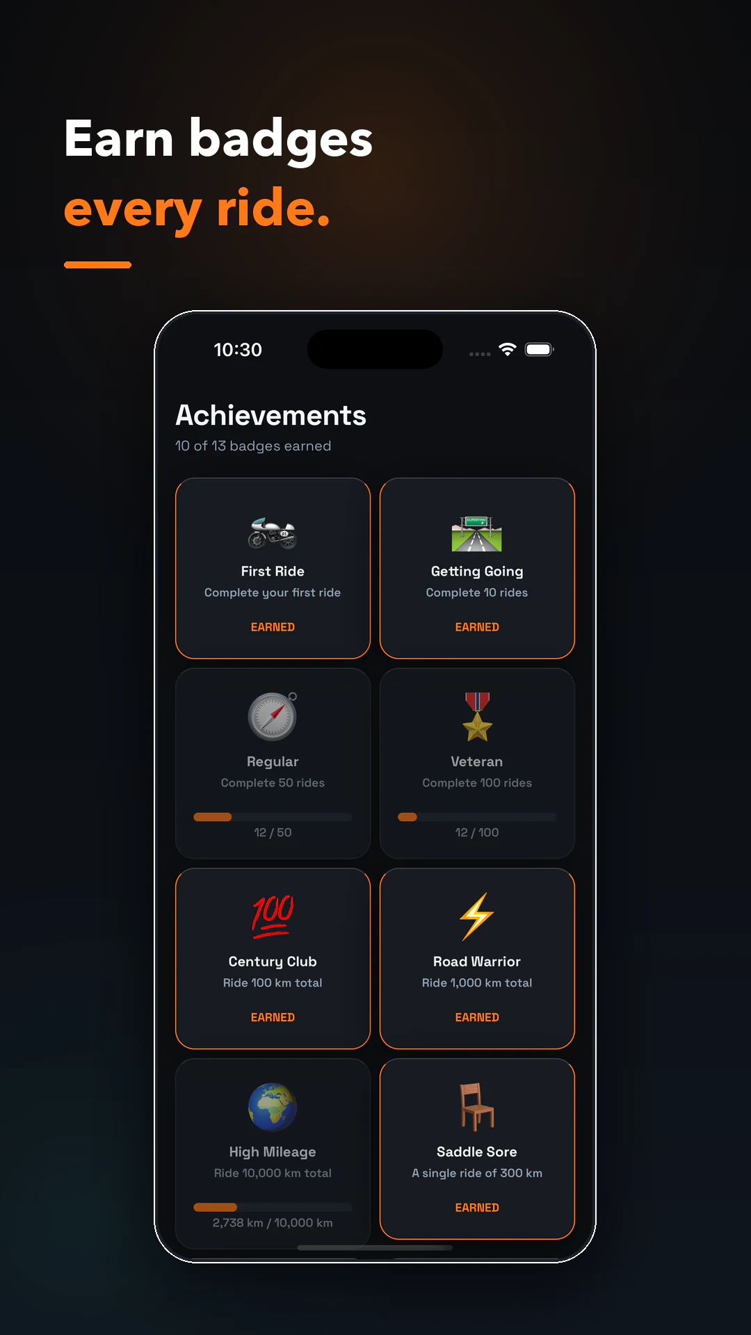 Apex Rider (Offline-First Motorcycle Tour Companion) — Achievements screenshot