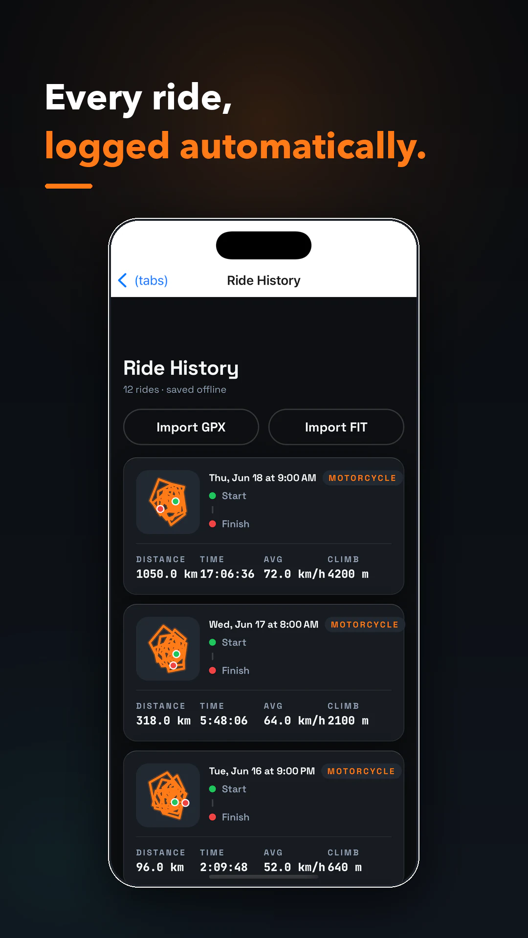 Apex Rider (Offline-First Motorcycle Tour Companion) — Ride History screenshot