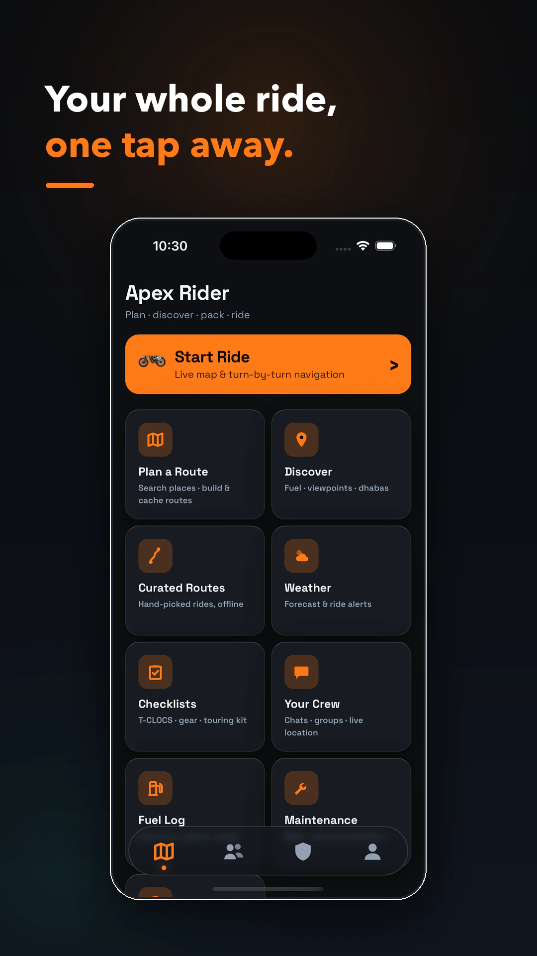 Apex Rider (Offline-First Motorcycle Tour Companion) — Home screenshot