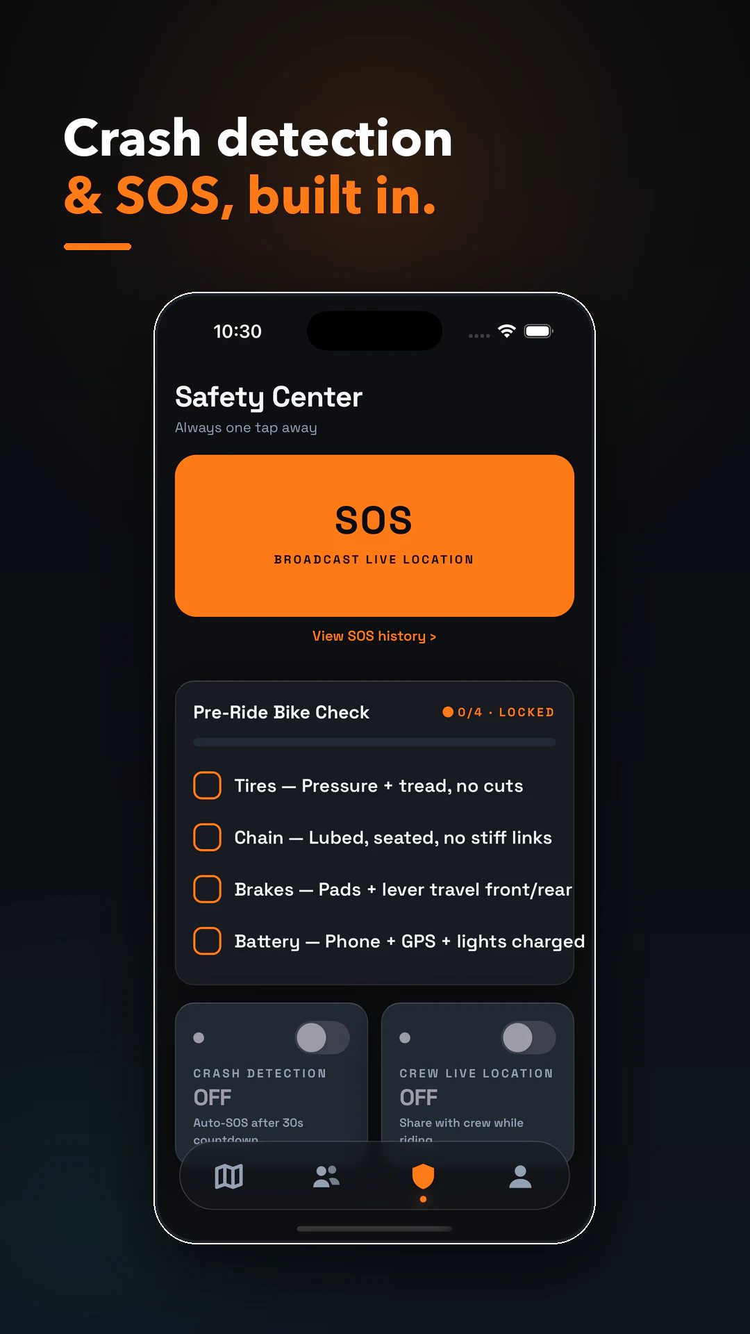 Apex Rider (Offline-First Motorcycle Tour Companion) — Safety & Crash Detection screenshot