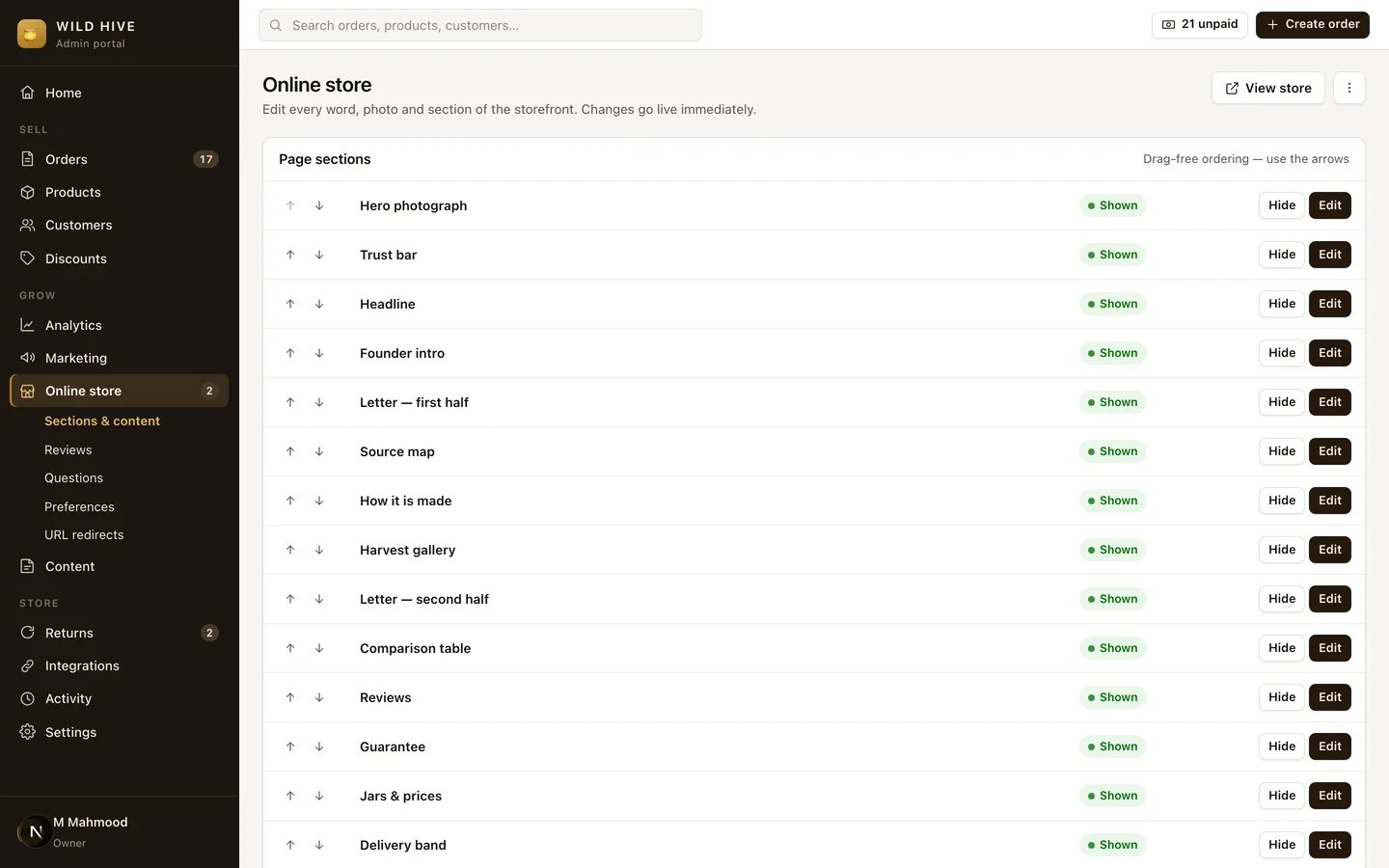 Wild Hive (Self-Hosted Shopify Alternative for a COD Brand) — Admin — Storefront Editor screenshot