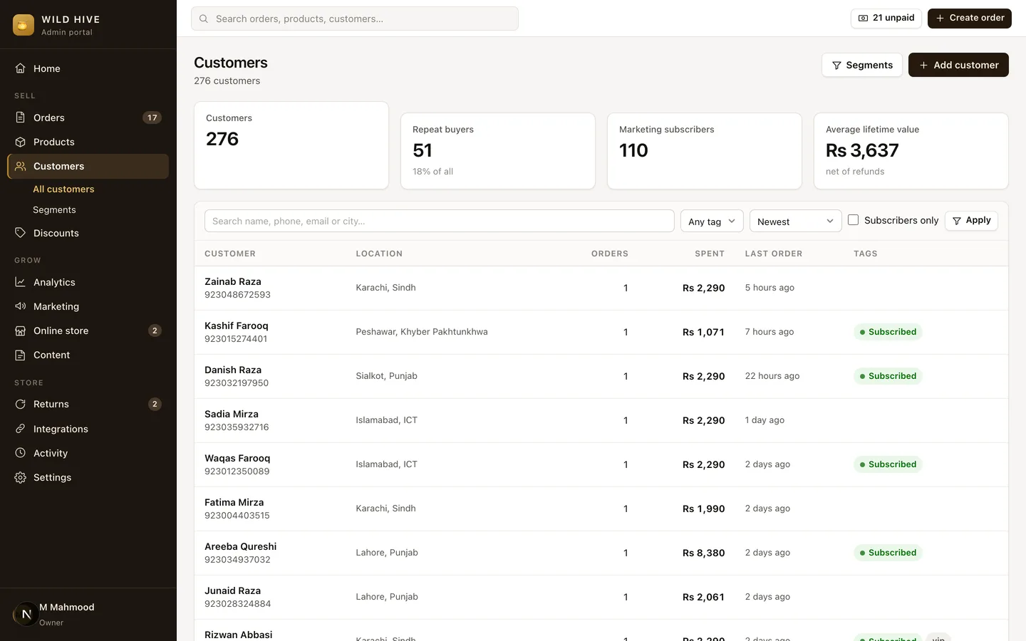 Wild Hive (Self-Hosted Shopify Alternative for a COD Brand) — Admin — Customers screenshot