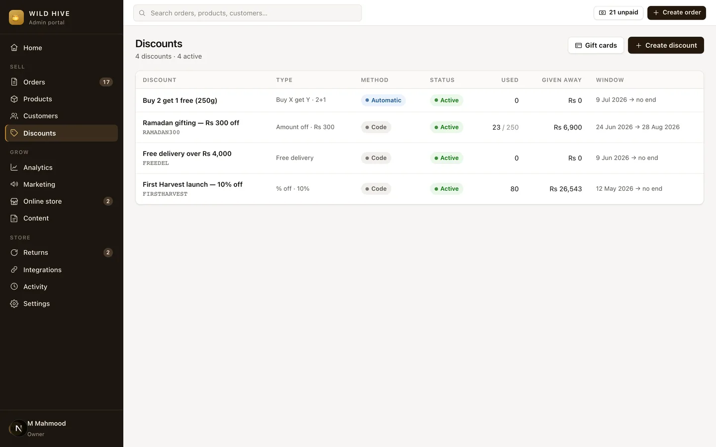 Wild Hive (Self-Hosted Shopify Alternative for a COD Brand) — Admin — Discounts screenshot