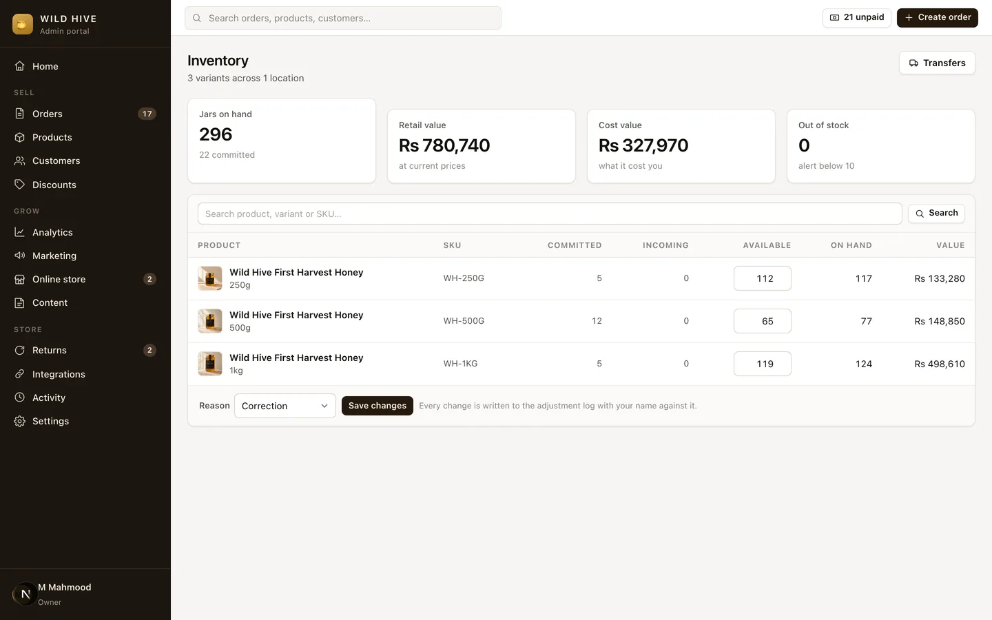 Wild Hive (Self-Hosted Shopify Alternative for a COD Brand) — Admin — Inventory screenshot