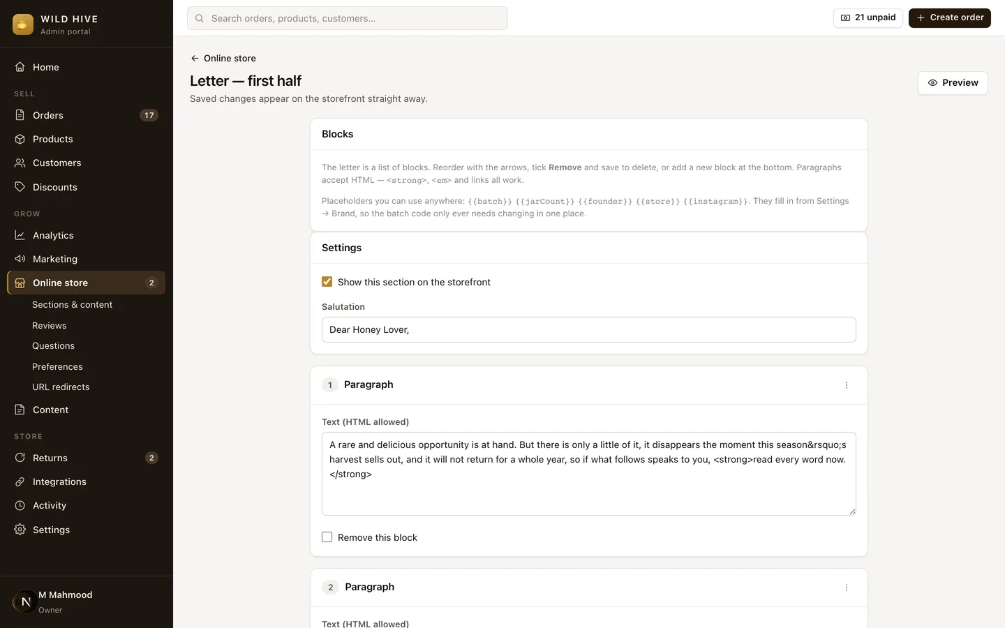 Wild Hive (Self-Hosted Shopify Alternative for a COD Brand) — Admin — Letter Editor screenshot