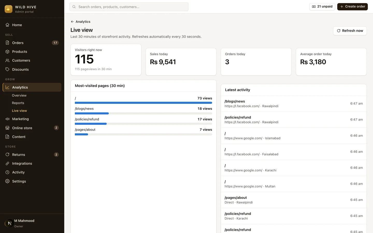 Wild Hive (Self-Hosted Shopify Alternative for a COD Brand) — Admin — Live View screenshot