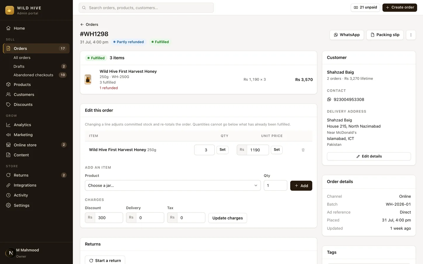 Wild Hive (Self-Hosted Shopify Alternative for a COD Brand) — Admin — Order & Fulfilment screenshot
