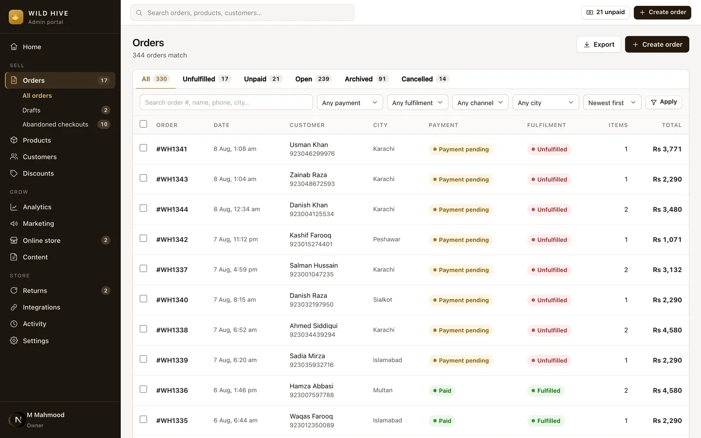 Wild Hive (Self-Hosted Shopify Alternative for a COD Brand) — Admin — Orders screenshot