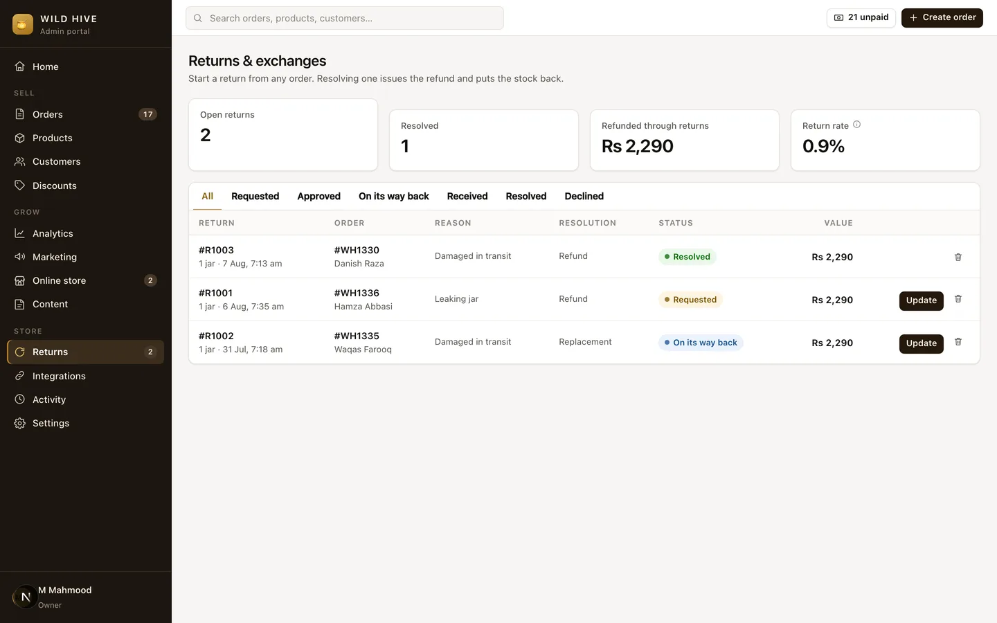 Wild Hive (Self-Hosted Shopify Alternative for a COD Brand) — Admin — Returns screenshot