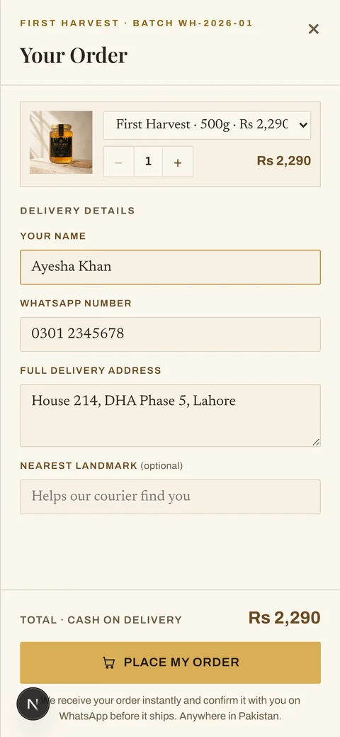 Wild Hive (Self-Hosted Shopify Alternative for a COD Brand) — Mobile — Order Drawer screenshot