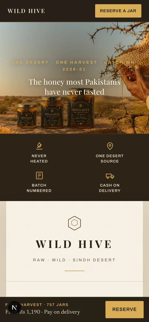Wild Hive (Self-Hosted Shopify Alternative for a COD Brand) — Mobile — Hero screenshot